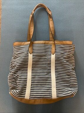 Nautical Navy and Cream Striped Tote or Tote or Overnight Bag with Tan Accents